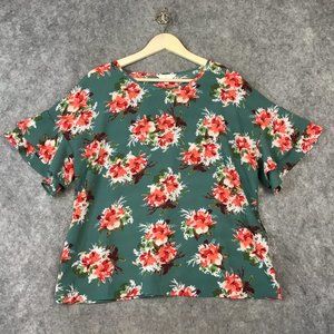 Charming Charlie Top L Blouse Crepe Tiered Ruffle Short Sleeve Career Casual